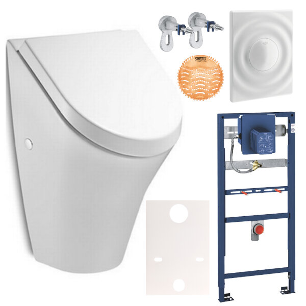 GROHE Rapid SL Vorwandelement Urinal-Set + ROCA NEXO Urinal mit SoftClose-Deckel, Betätigungsplatte, Wandwinkel & Urinalsieb, Weiß