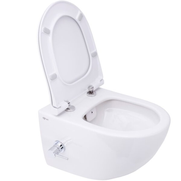 SAT Aquacare Wand-Dusch-WC Flush 2.0 mit Bidetfunktion und VitrA integrierter Thermostatarmatur und SoftClose TakeOff WC-Sitz, weiß