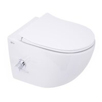 SAT Aquacare Wand-Dusch-WC Flush 2.0 mit Bidetfunktion und VitrA integrierter Thermostatarmatur und SoftClose TakeOff WC-Sitz, weiß
